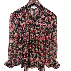 Olivaceous Black Floral Sheer Pleated Button Front Blouse Sz S‎ Whimsigoth Fairy